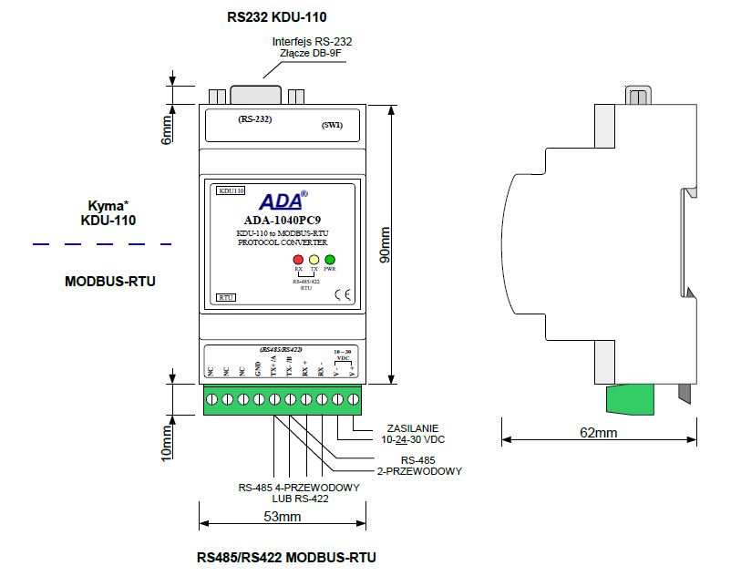 Konwerter protokołu Kyma KDU-110 na MODBUS-RTU ADA-1040PC9-1-23 Cel-Mar
